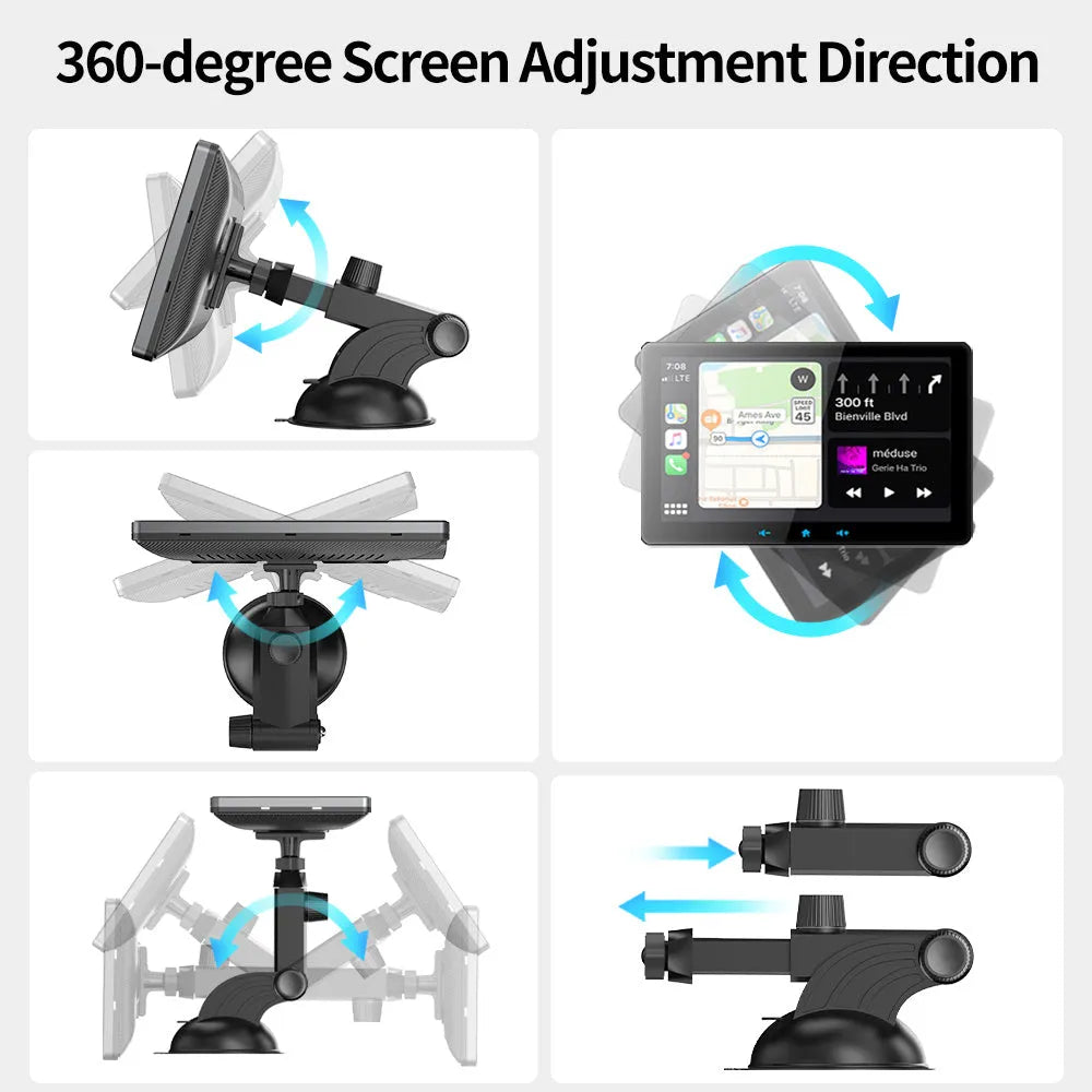 7 inch universal wireless CarPlay display with cigarette lighter power adapter and suction cup mount