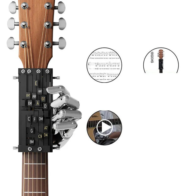 Automatic guitar chord changer device for beginner folk guitar practice with singing