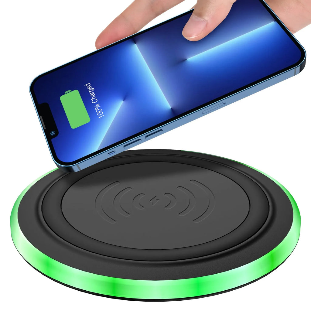 Ultra-thin round 10W wireless phone charger with Type-C input on a desk