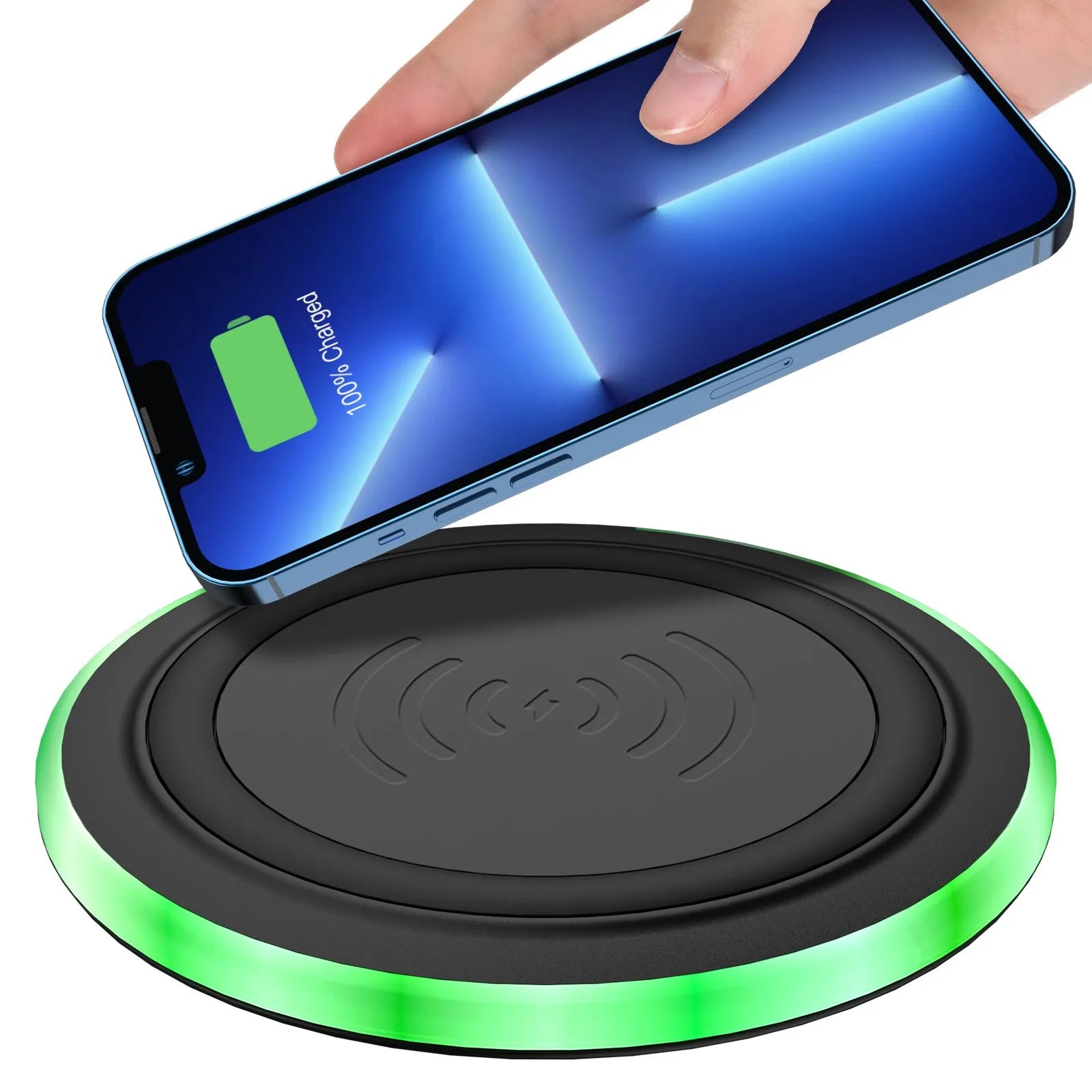Ultra-thin round 10W wireless phone charger with Type-C input on a desk