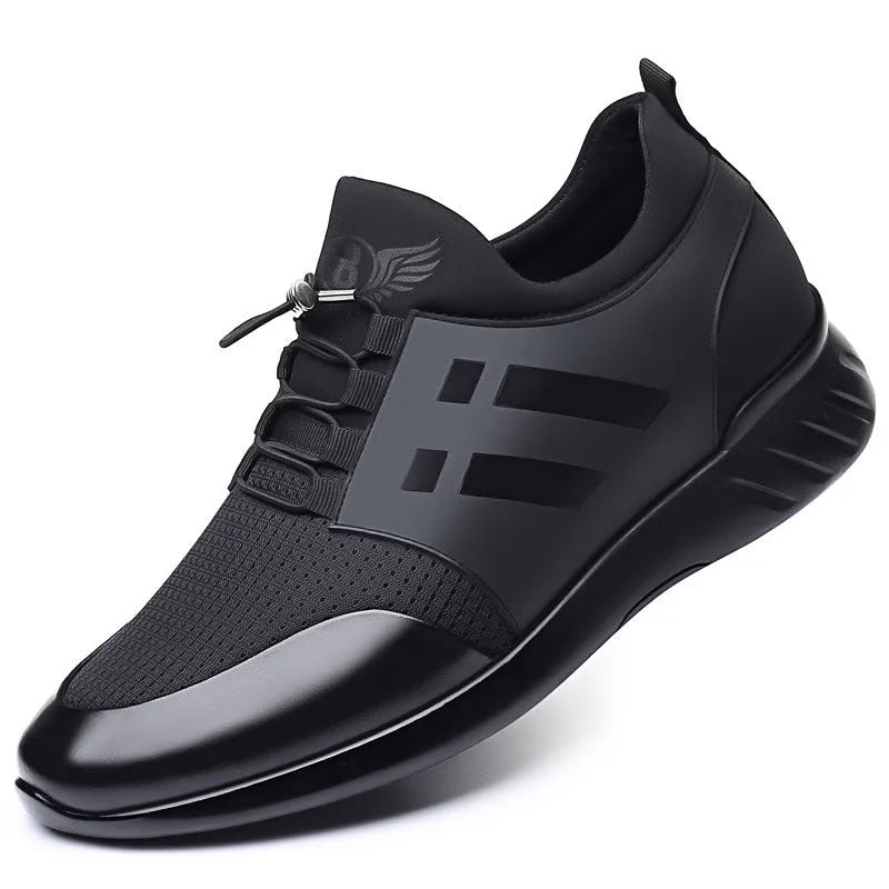 Men's black casual shoes with a hidden heel lift, shown in leather, mesh, and Lycra upper options.