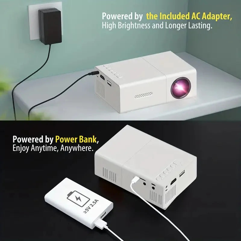 M100 portable mini projector in black or white colour showing remote control and cables