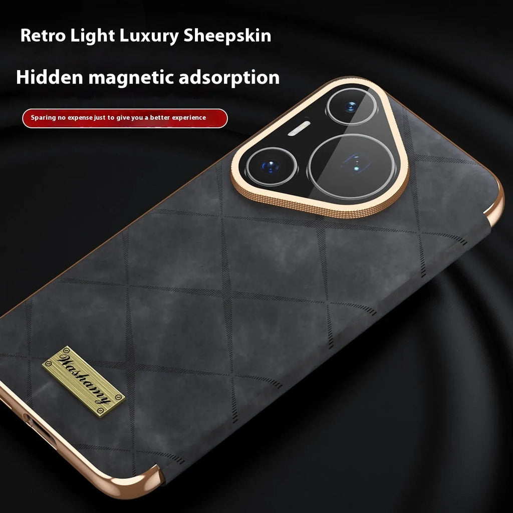 Huawei phone case with electroplated diamond grid pattern on embossed imitation leather.