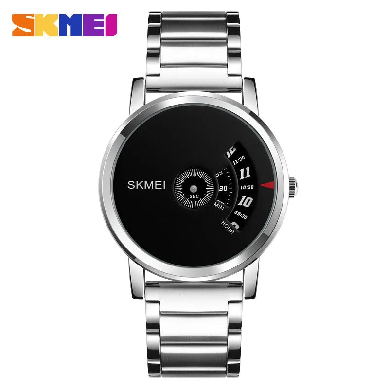Men's business watch with 39mm dial, alloy case, stainless steel watch-buttom, and steel belt in silver or black.
