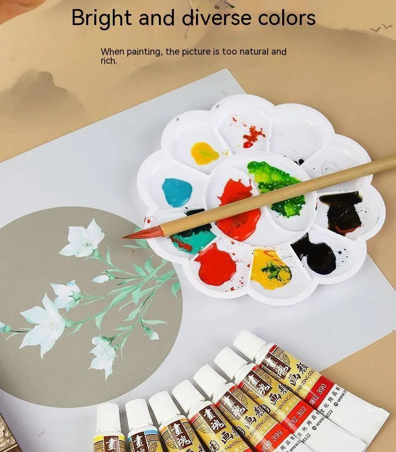 18 colour Chinese painting pigment set in 12ml tubes with plant pigment coating pen for children beginners