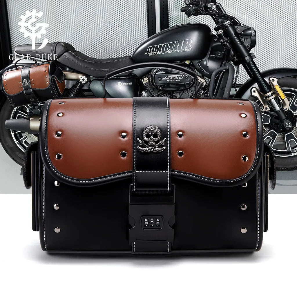 PU leather motorcycle front bag with colour contrast patchwork design, model FBG397BK