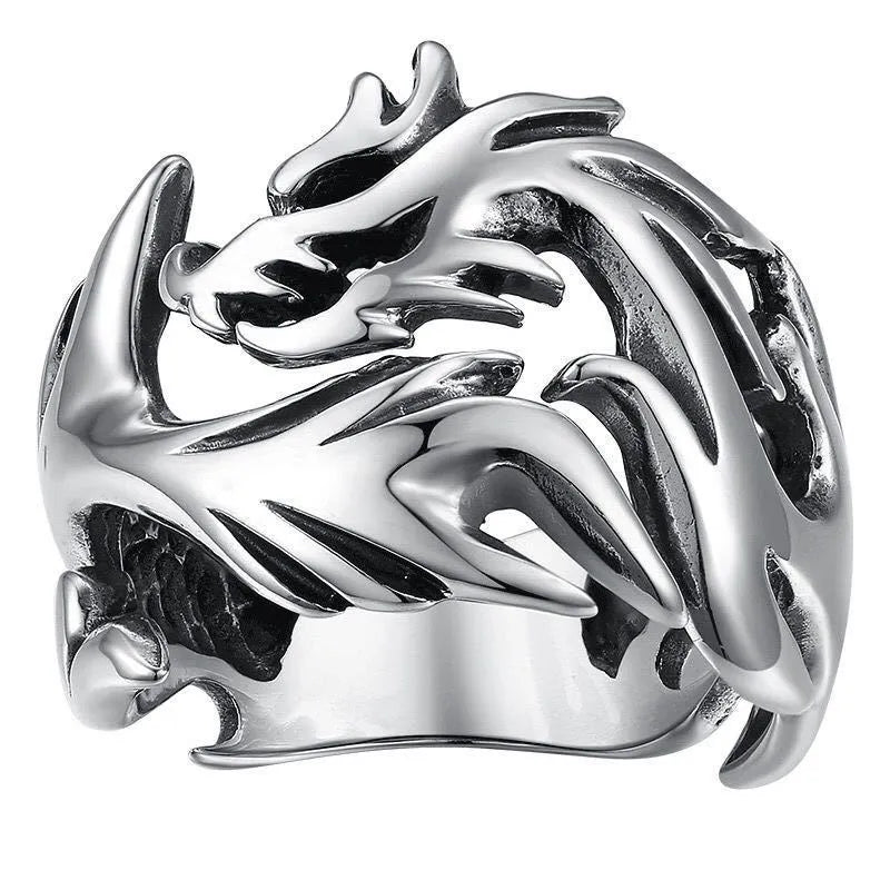 Chinese style luminous dragon pattern adjustable ring in archaism silver blue and green
