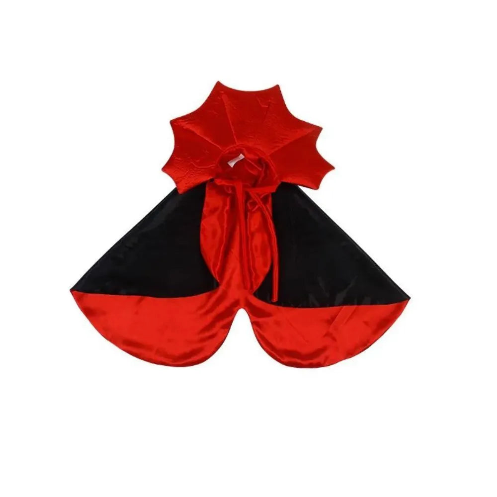 Black vampire cloak pet costume on a small dog, showing Velcro neck fastening.