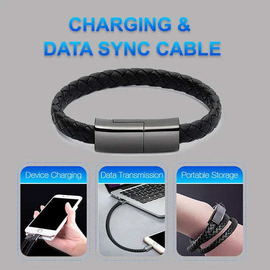 Stylish leather bracelet charging cable for iPhone, Android, and USB-C devices in various colors and sizes