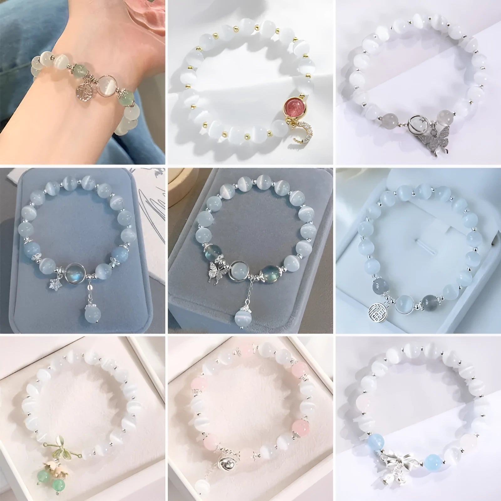Adjustable cat's eye stone beaded bracelet with electroplated opal diamond-shaped beads in multiple colour options