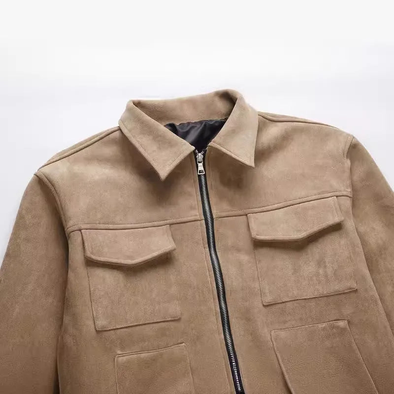 Slim fit zipper jacket with big pockets in black, camel or dark grey colour options