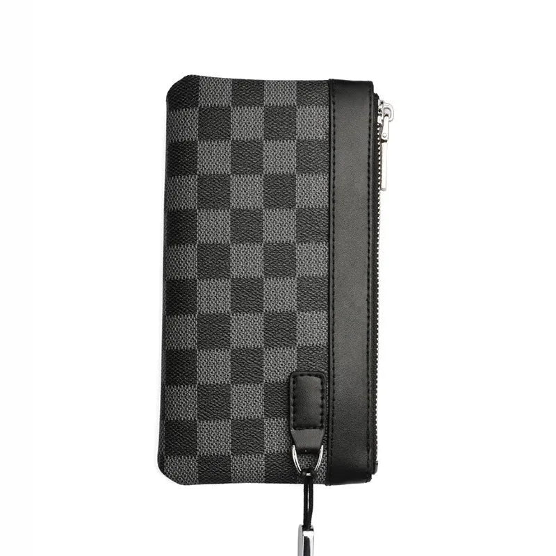 Black genuine cowhide leather men's clutch wallet, shown closed, measuring 20 by 10 centimetres.