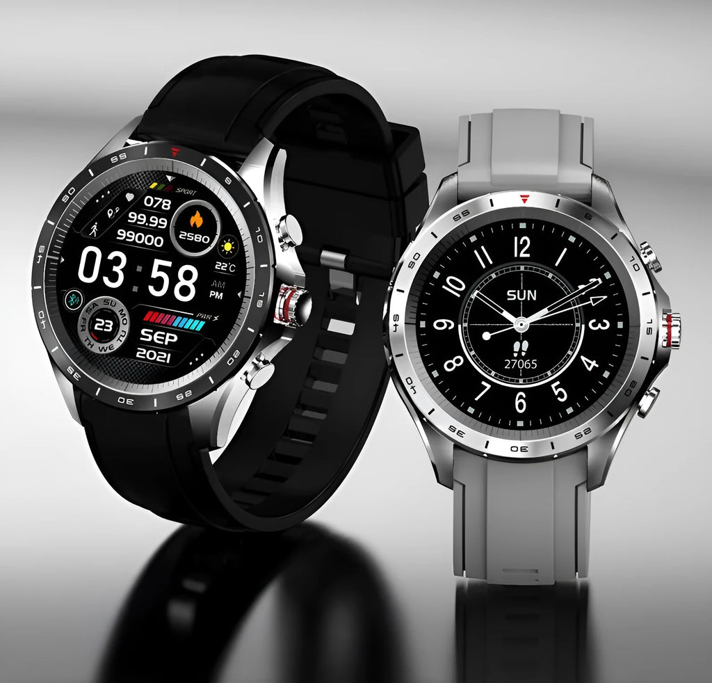 Men's smart bracelet watch with zinc alloy case and black silicone wristband, showing touch screen display.