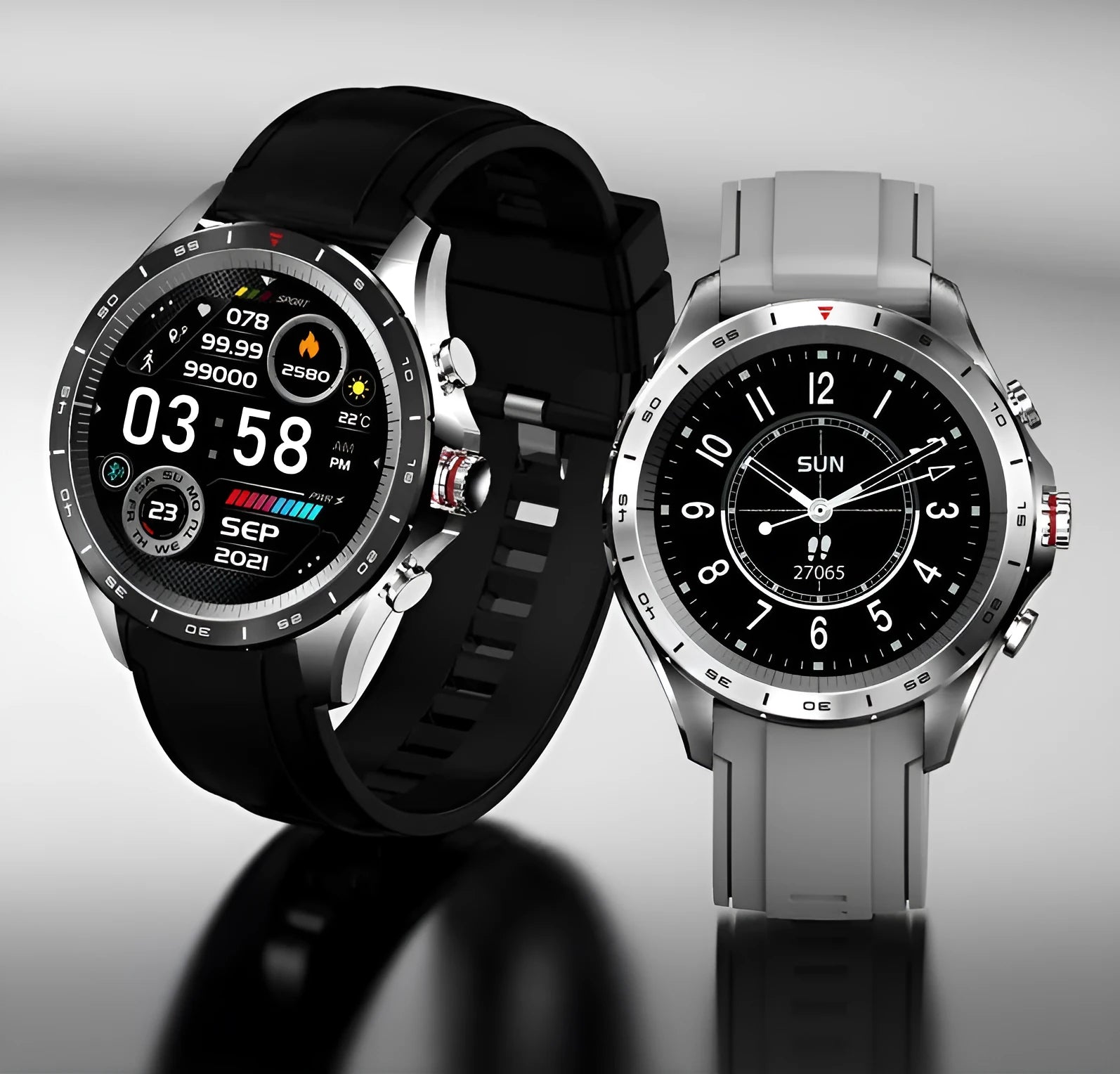 Men's smart bracelet watch with zinc alloy case and black silicone wristband, showing touch screen display.