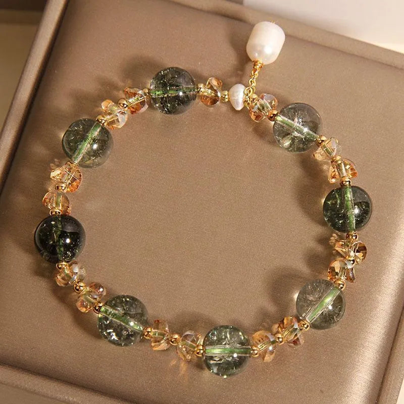 Natural chorite crystal bracelet with champagne quartz and green phantom quartz accents