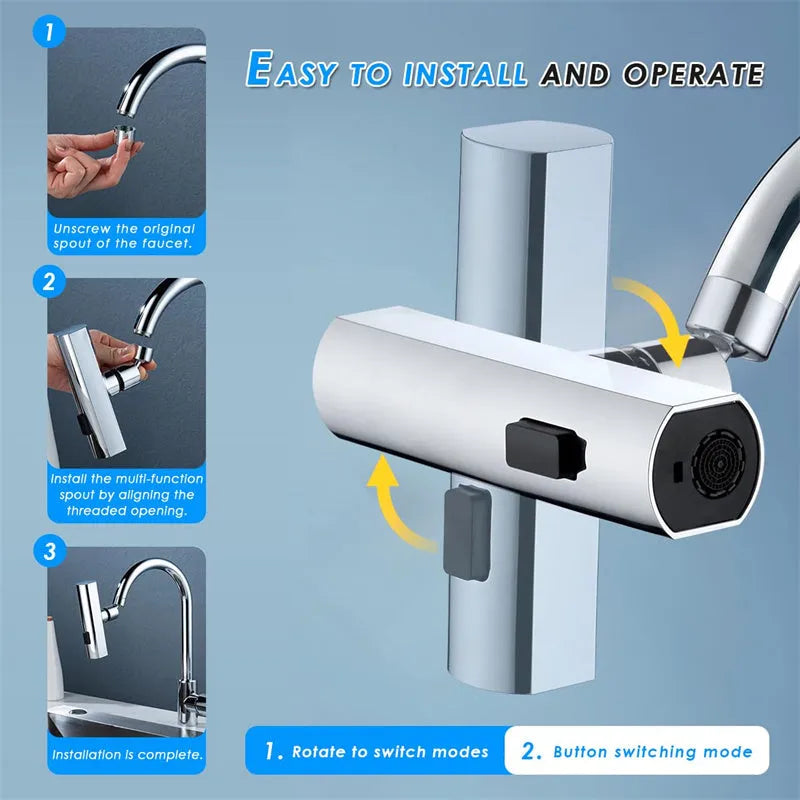 Brushed nickel kitchen faucet connector with pull-down sprayer, showing waterfall water flow mode.