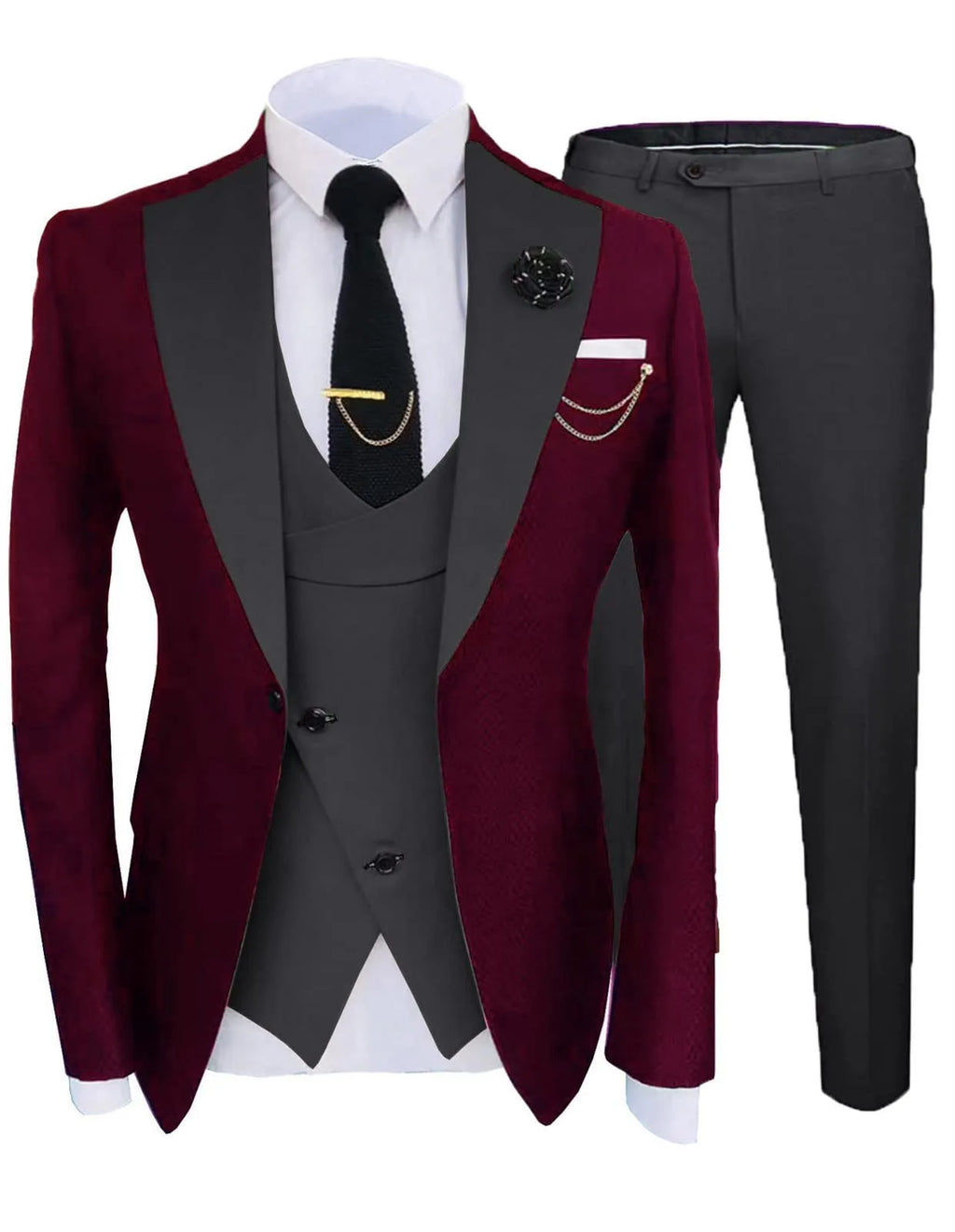 Men's three-piece slim fit cotton wedding suit in light business style, including coat, trousers, and vest