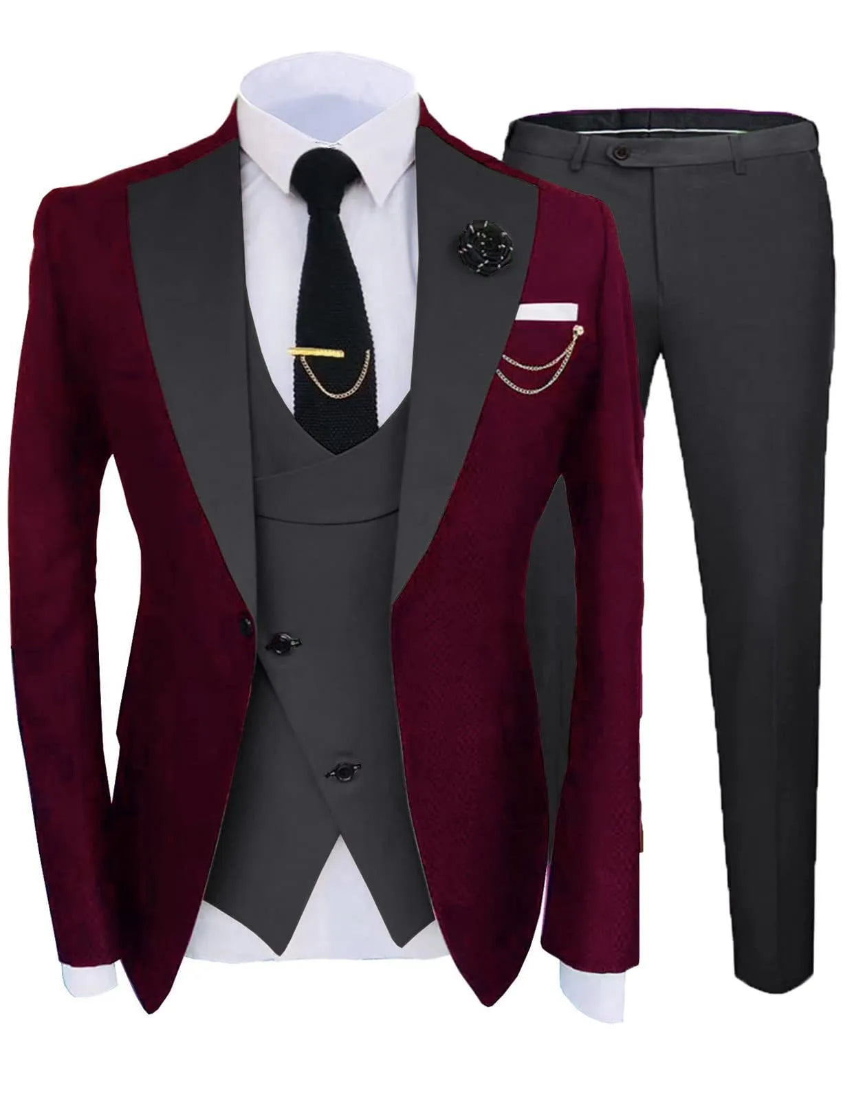 Men's three-piece slim fit cotton wedding suit in light business style, including coat, trousers, and vest