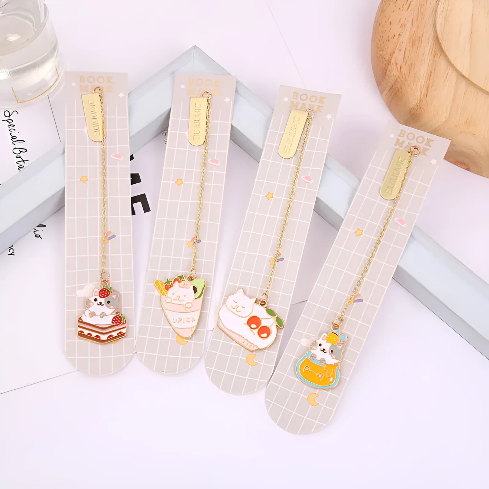 Jane Lime cute cartoon cat metal bookmark with food-themed designs on a 18.3cm PVC and paper card.