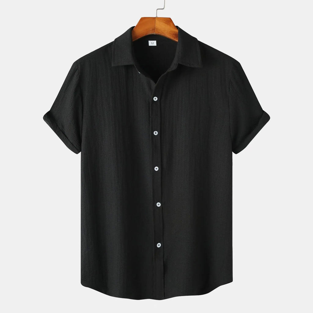Men's light grey short-sleeve cardigan style casual shirt on a hanger.