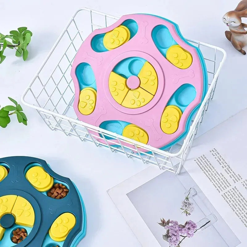 Blue dog puzzle food feeder toy with interactive compartments for slow feeding and mental stimulation