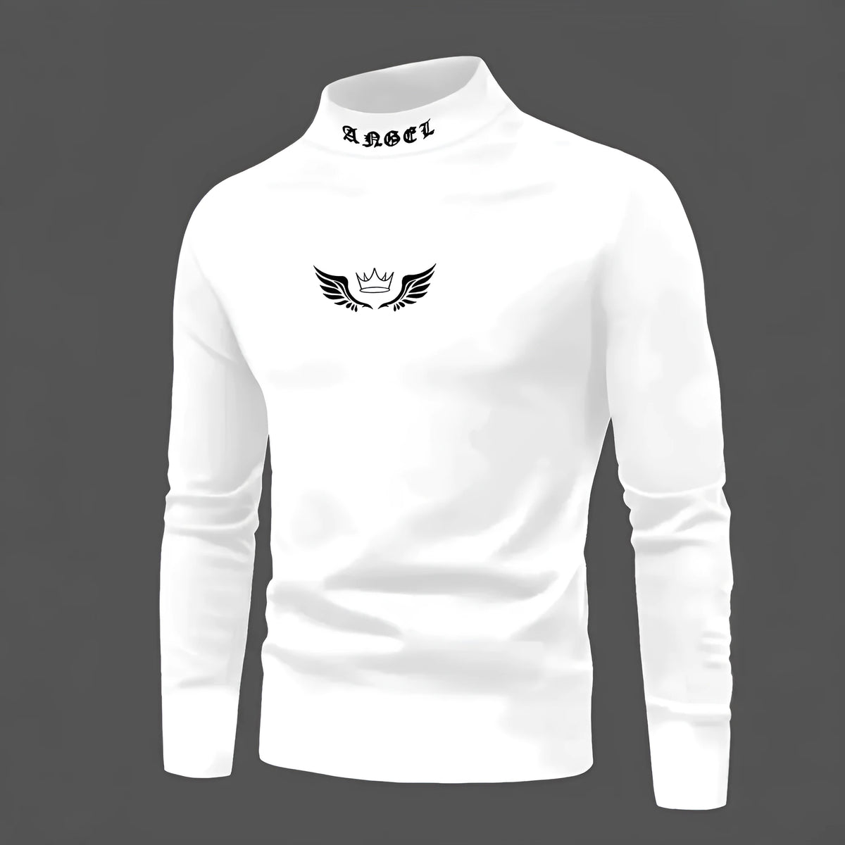 Women's casual crown print high neck long sleeve top in white or black, slim fit polyester pullover