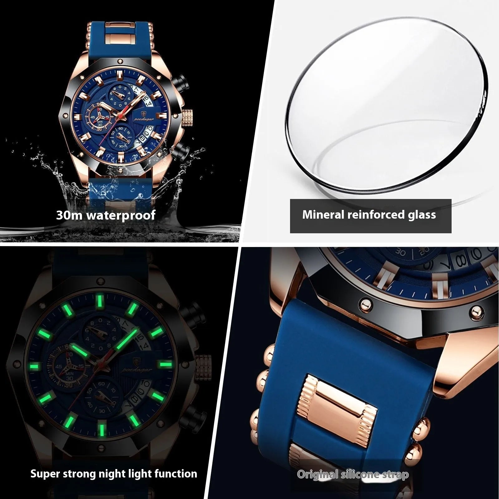 Men's chronograph watch with silicone band, diamond-shaped dial, and stainless steel buckle in multiple colour options