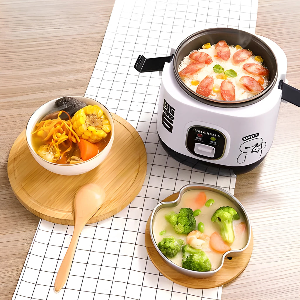 Compact round miniature rice cooker with non-stick inner pot and steam pan for one to two people