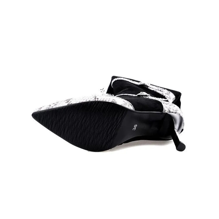 Grey and black women's knee high stiletto boots with a 9cm thin heel and velvet lining