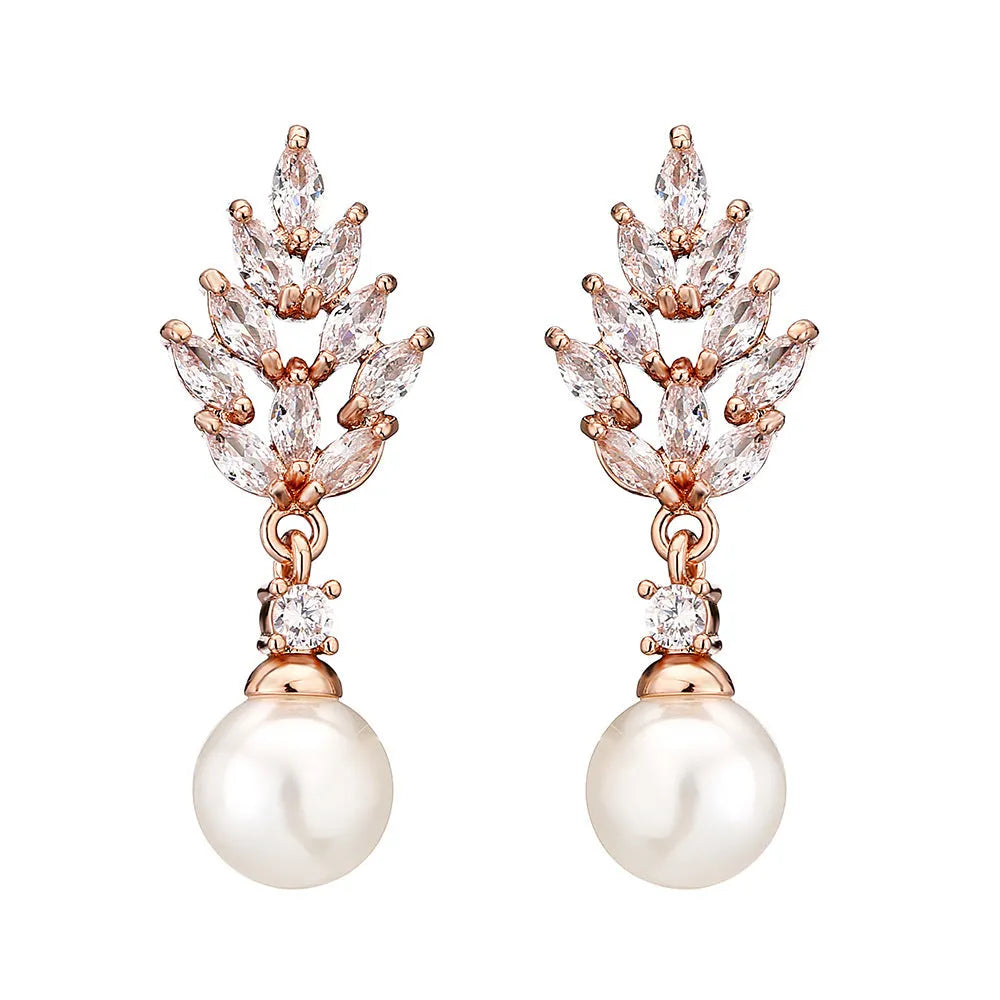 Geometric flower earrings with micro inlaid zircon and pearl details in gold, platinum, or rose gold finishes