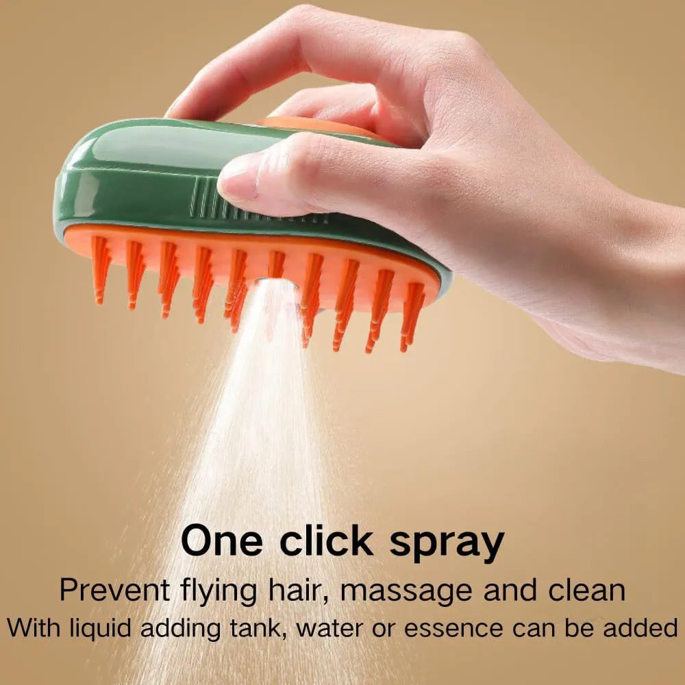 Green and white cat steam brush with silicone teeth, water spray function and compact design