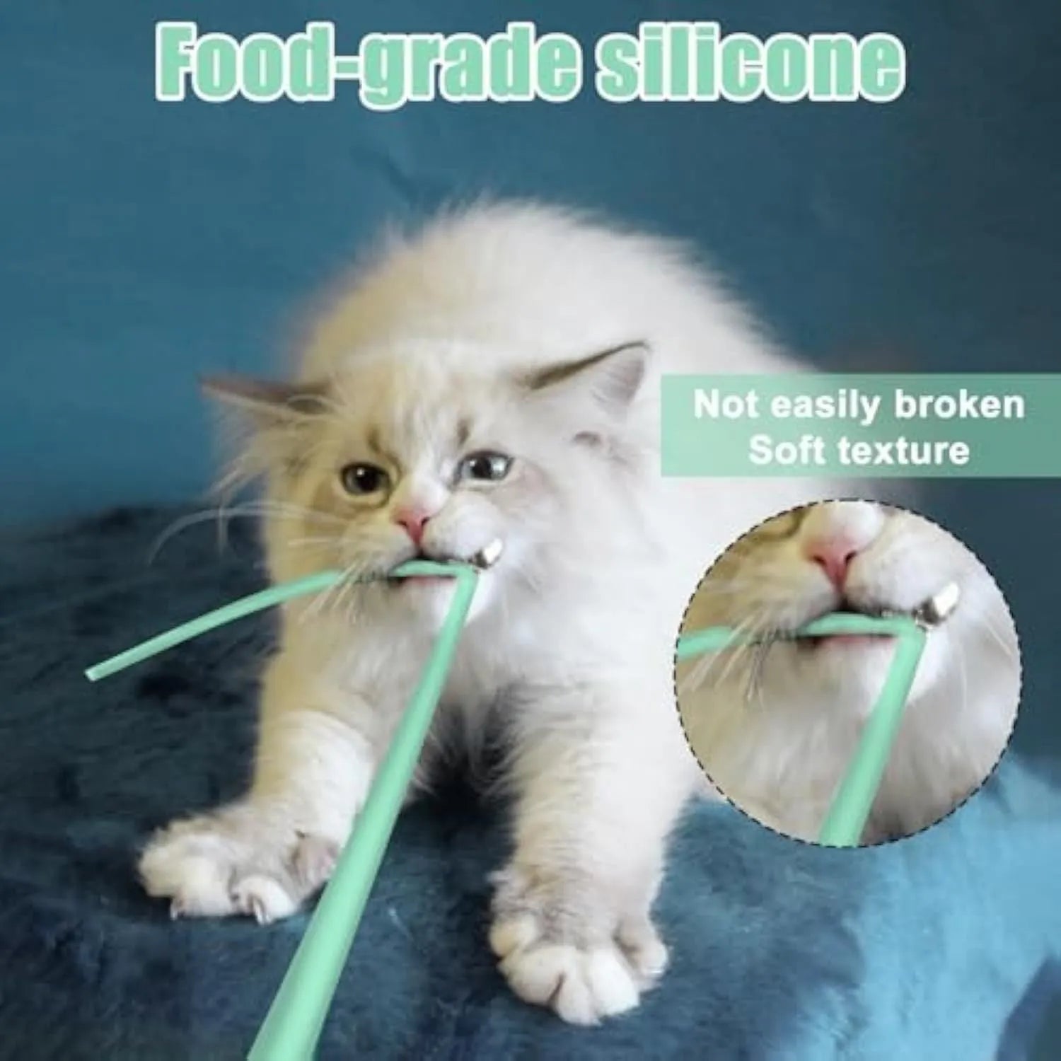 Electronic cat toy with swinging green silicone tail on plastic base