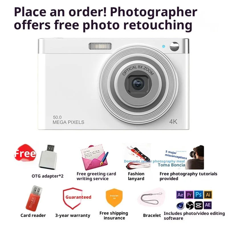 Entry-level student digital camera with CCD sensor and HD beauty mode, travel portable plastic body, retro style