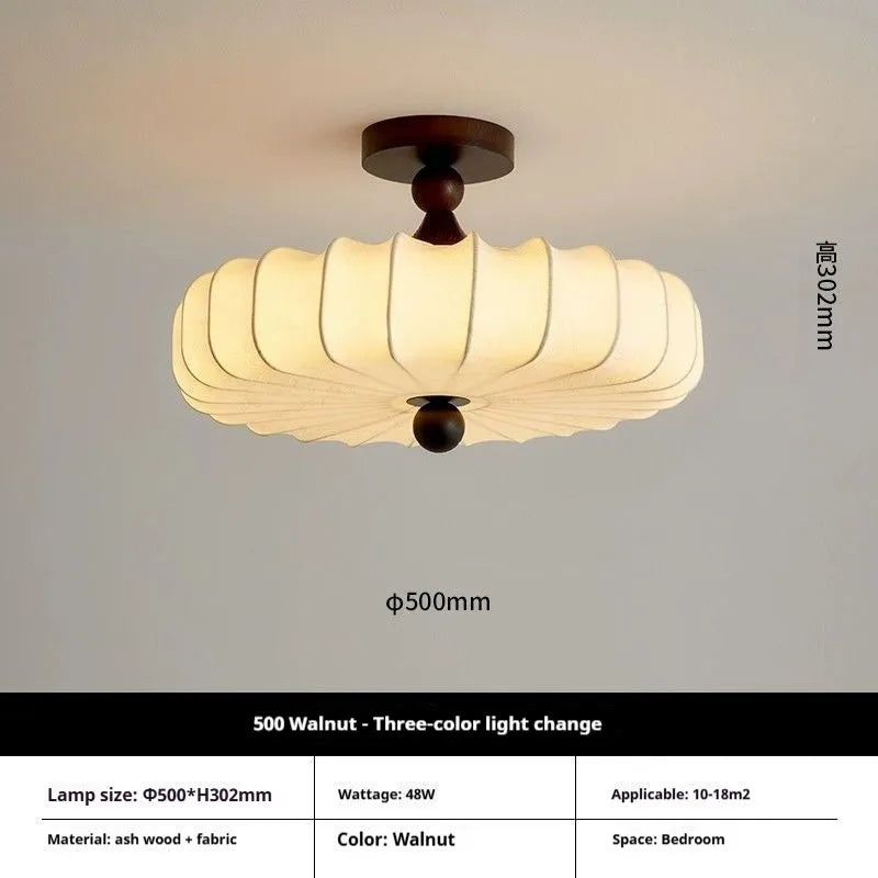 Mid-ancient French retro fabric ceiling lamp with ash wood frame in walnut colour, 30cm diameter with fabric shade
