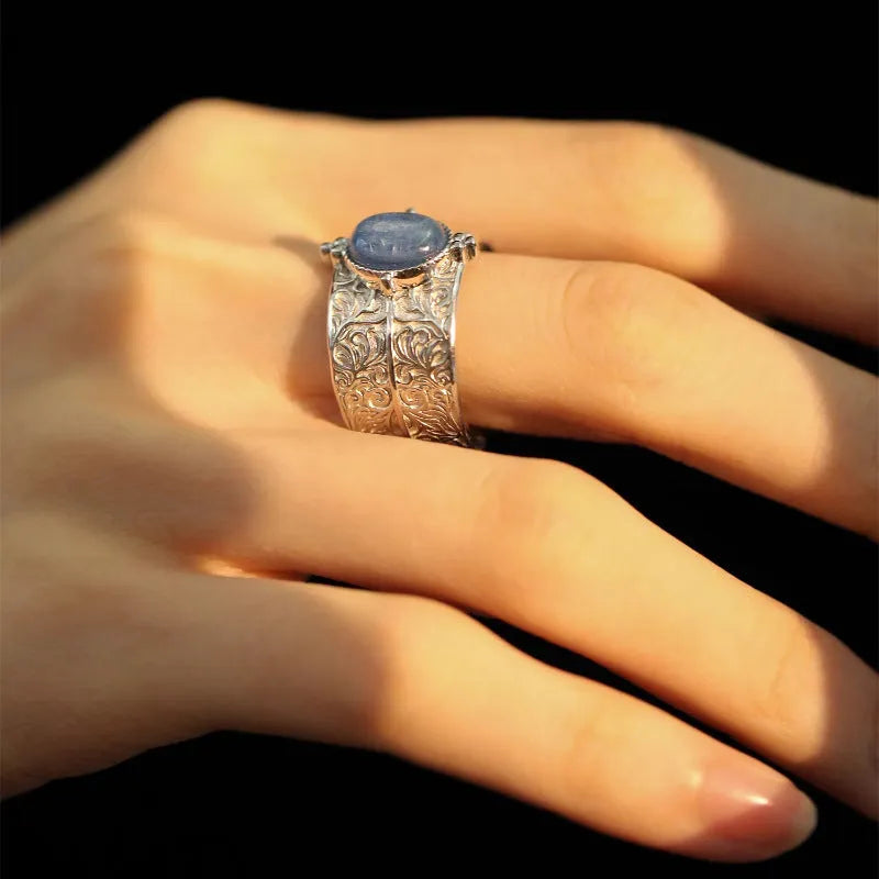 Vintage blue copper wide band ring with heavy industry retro vine pattern adjustable opening