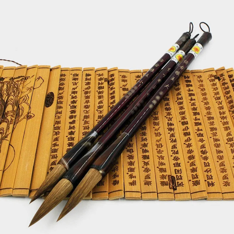 Traditional Chinese calligraphy brush set with wolf hair bristles and steel rod shafts in multiple sizes