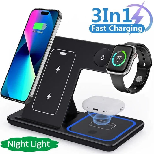 Premium 3-in-1 Wireless Charging Station for iPhone, Apple Watch, and AirPods with Dual Charging Coils and Qi Certification