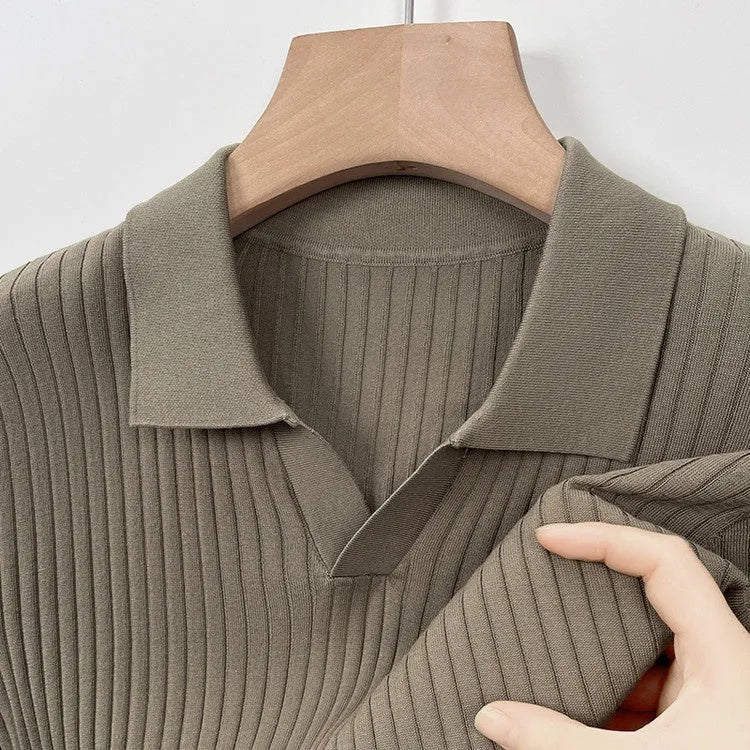 Men's striped mulberry silk T-shirt with lapel design in multiple colour options
