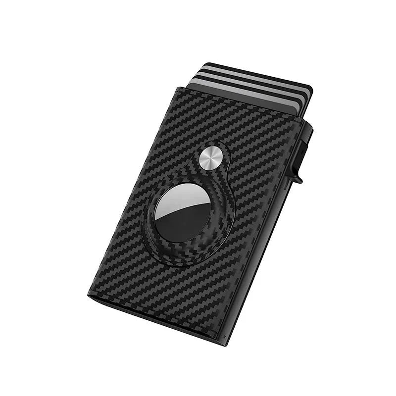 Black genuine leather card holder with stripe pattern, 9.8x6.5x2.1cm, anti-theft credit card function