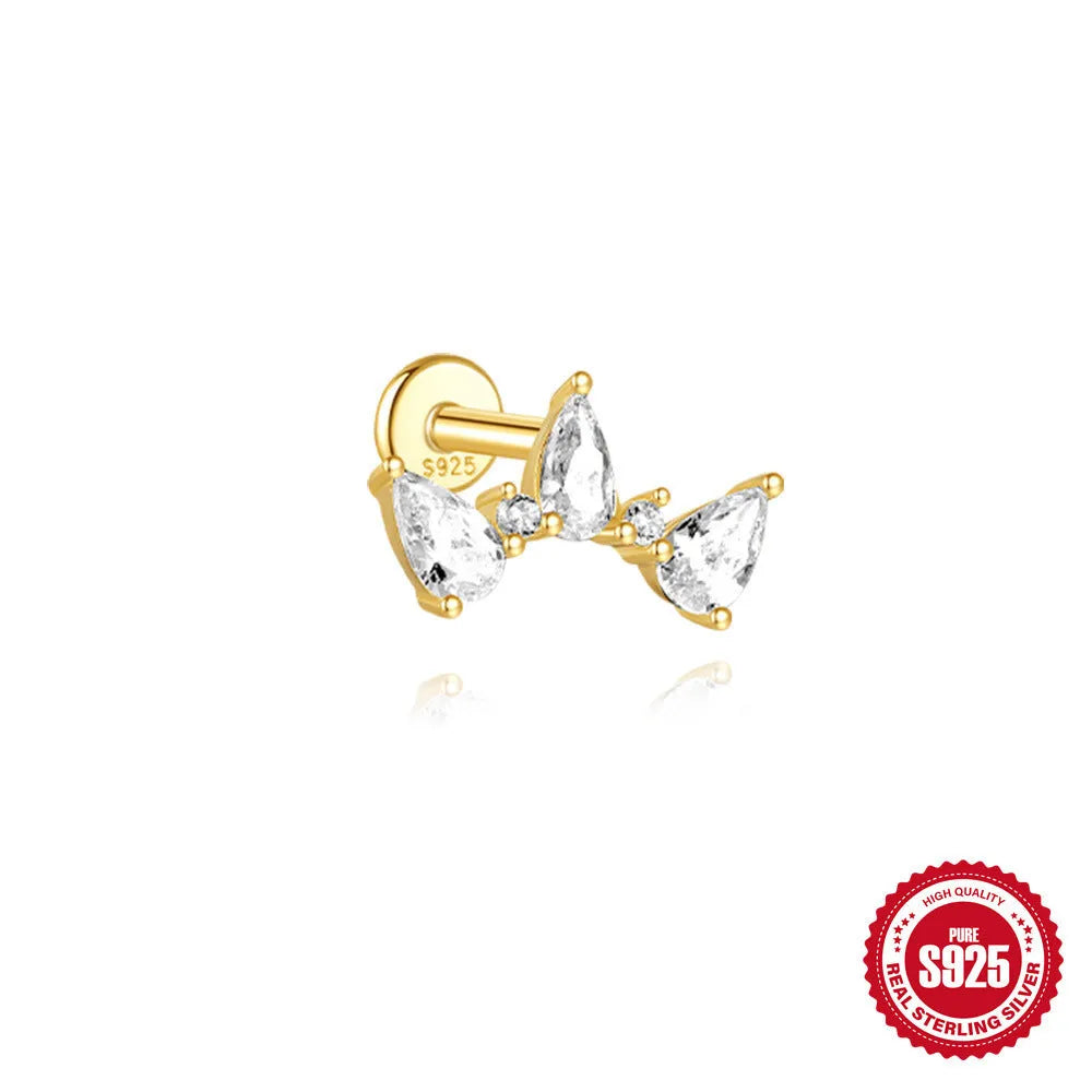 Close-up of a geometric water drop earring made from S925 sterling silver with a flat spiral puncture finding in a gold colour finish.