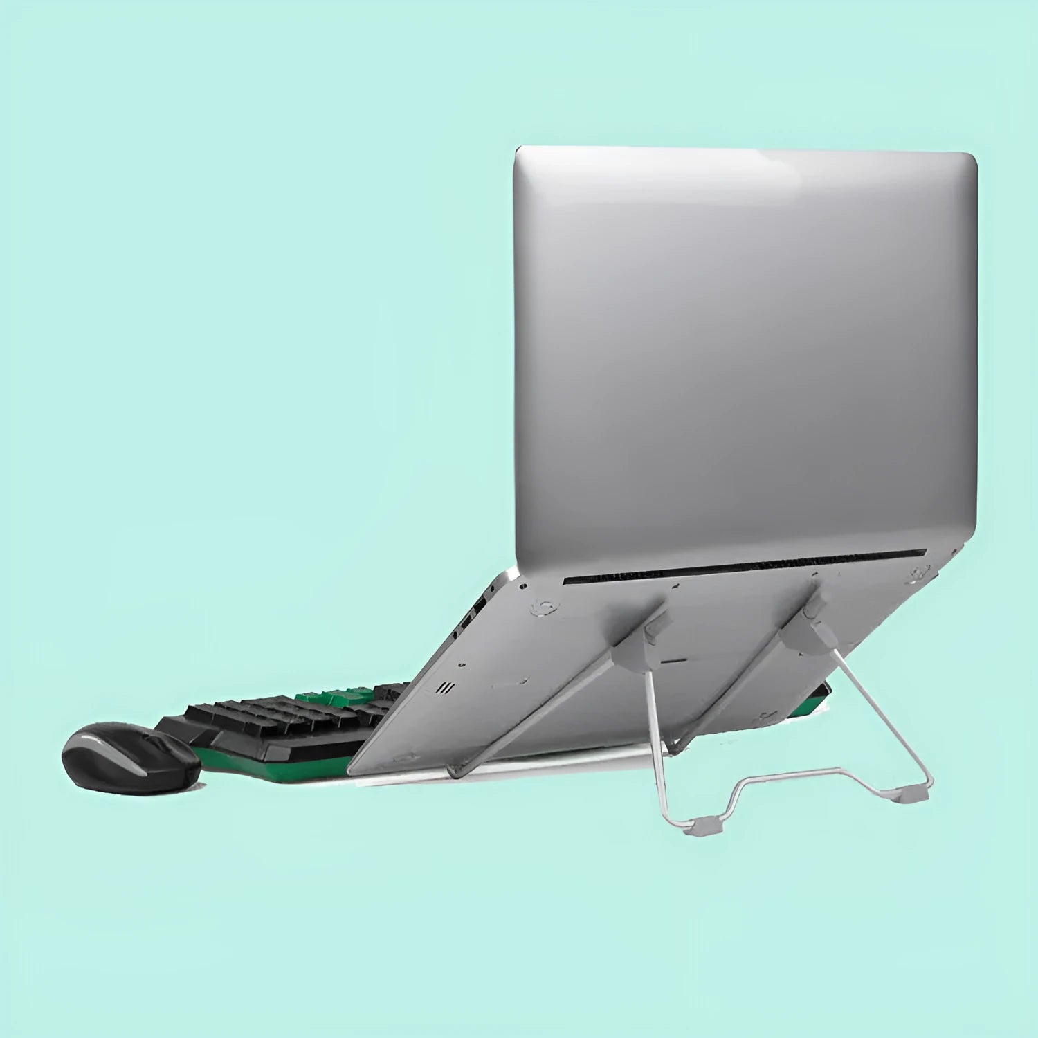 Grey foldable aluminium and plastic adjustable stand holding a mobile phone and a tablet at an angle.