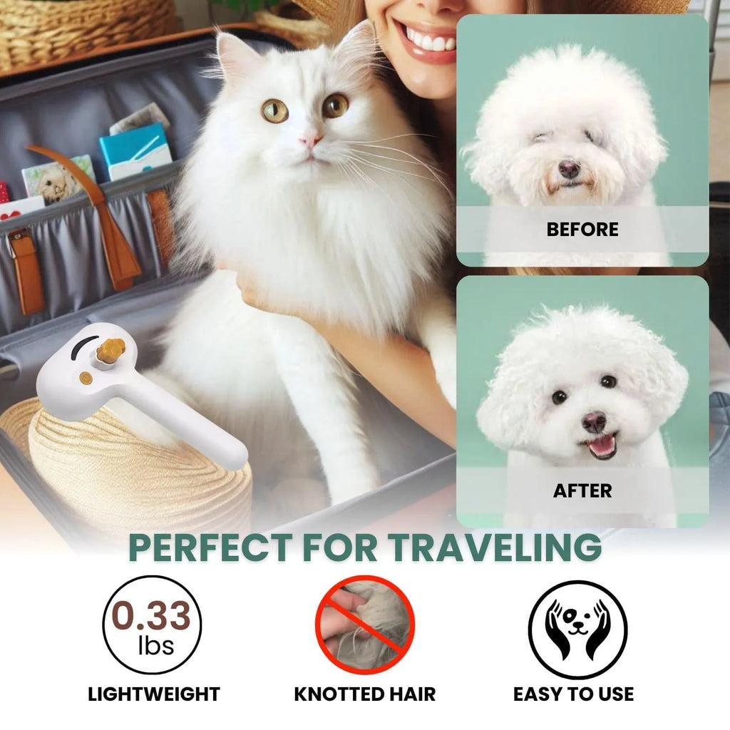 White pet grooming water brush with steam spray function for dogs and cats showing self-cleaning mechanism