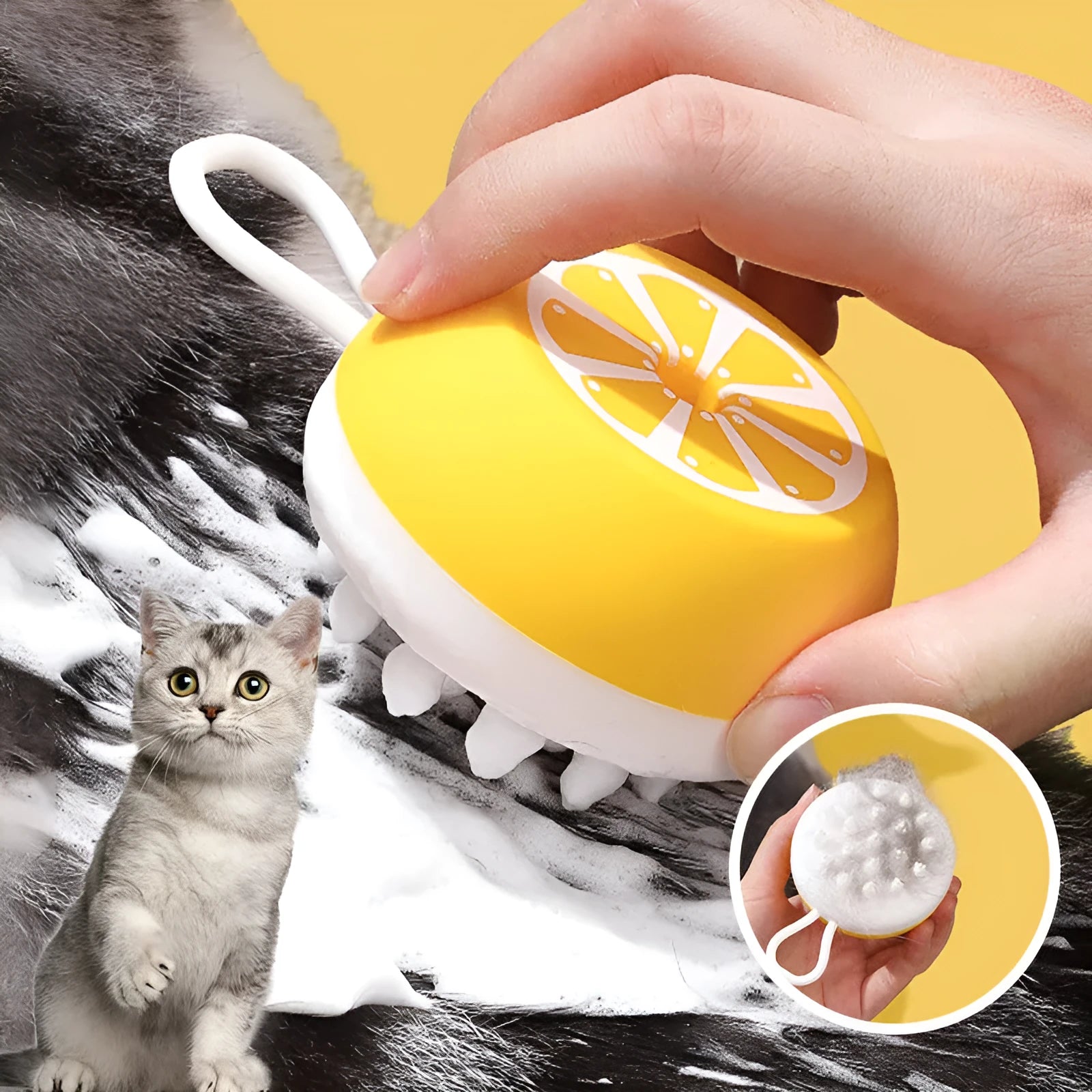 Soft silicone pet bath brush in yellow colour with 3D massage head design for dog and cat grooming