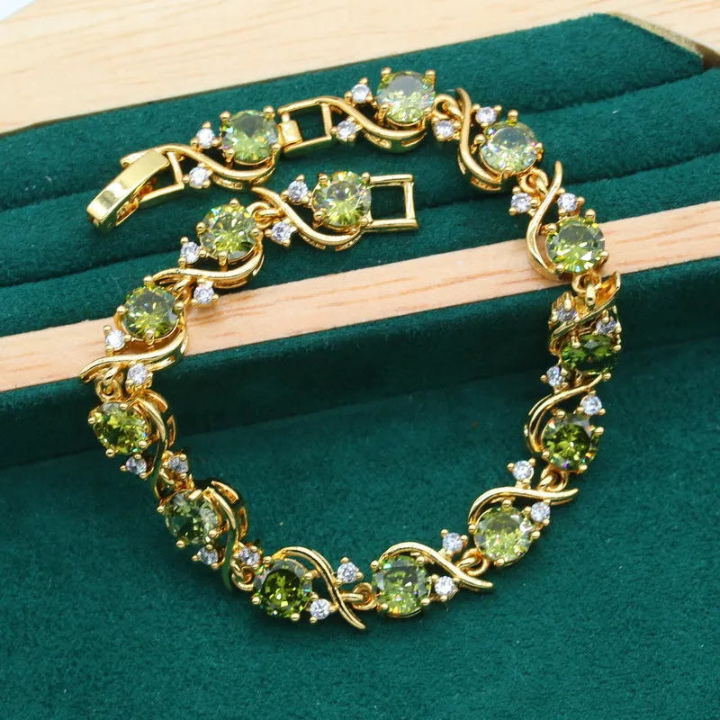 Olive green full rhinestone zircon jewellery set with snake bone chain necklace, earrings, and ring.