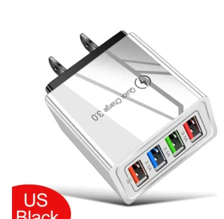 Four-port USB wall charger with luminous light, shown in dark blue colour with EU plug.