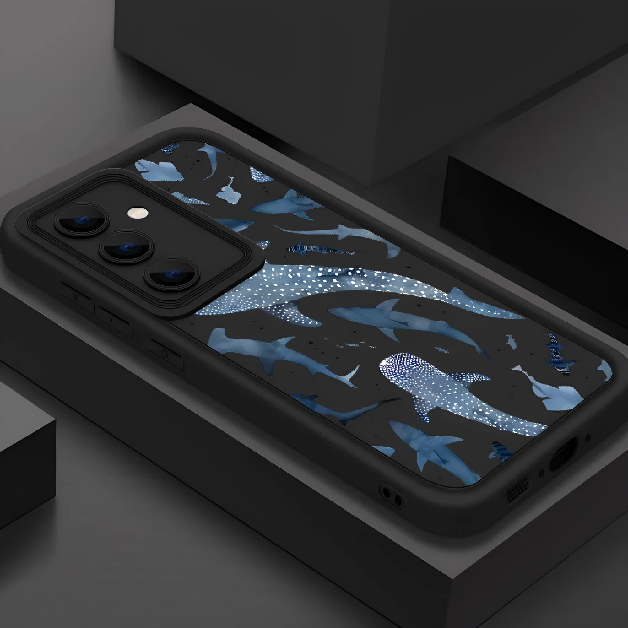 Shark print silicone phone case for Samsung Galaxy, shockproof and drop-proof, in black colour