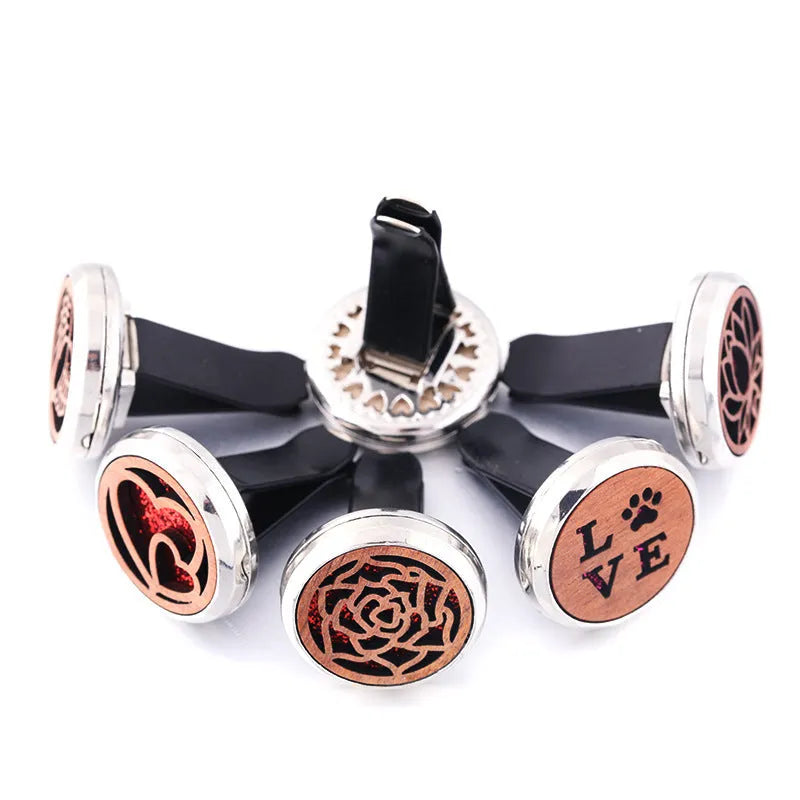 Round car hollow wood aromatherapy clip for air vents with alloy and wood construction