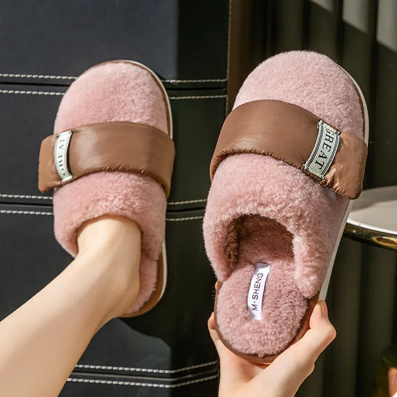 Women's furry slippers with Velcro closure, plush upper, and anti-slip PVC sole in beige
