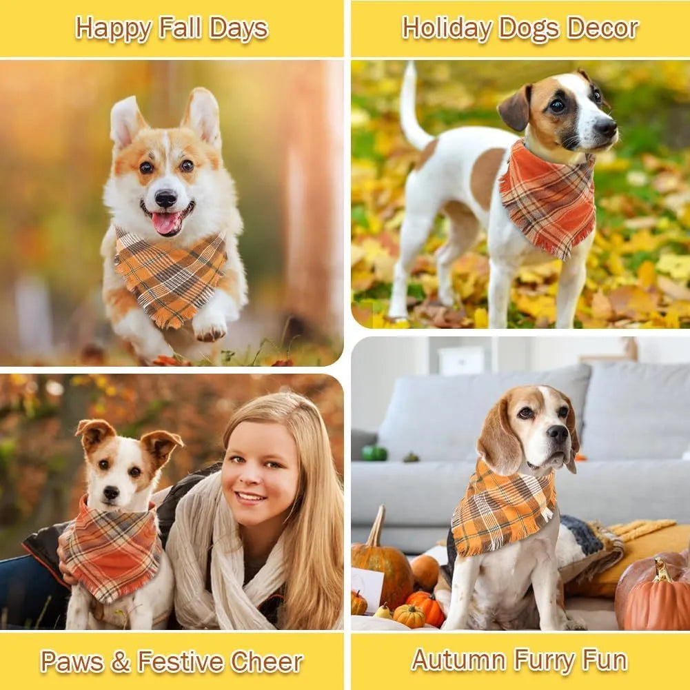 Classic plaid dog bandana with tassels edges in autumn colours