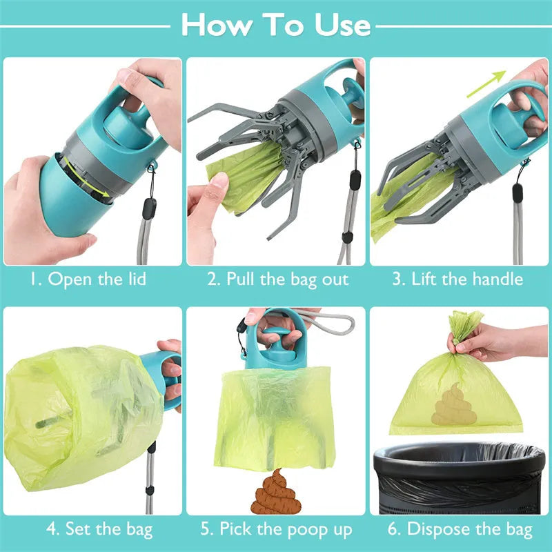 Blue portable dog pooper scooper with built-in bag dispenser and eight-claw shovel